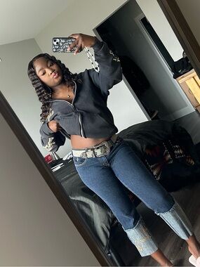 Y2K Baby Phat Cropped Jeans with Folded Embroidered Cuffs
